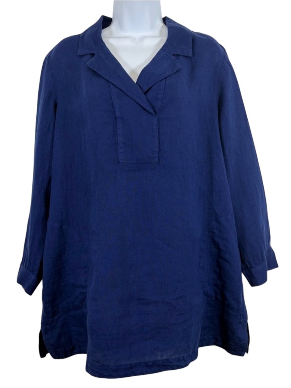 Chico’s Blue 100% Linen Tunic Top Size 2 Relaxed Fit Coastal Grandma Minimalist